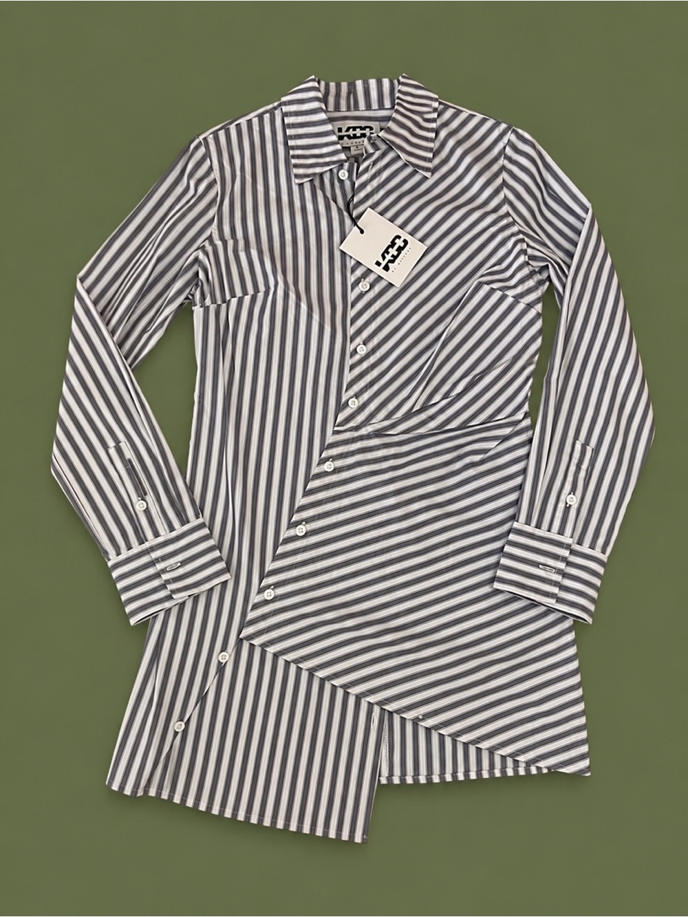 Asymmetrical Striped Shirt Dress - Gray/White